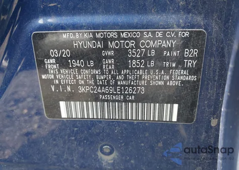 2020 Hyundai Accent Se z USA, uszkodzony, nr VIN 3KPC24A69LE126273